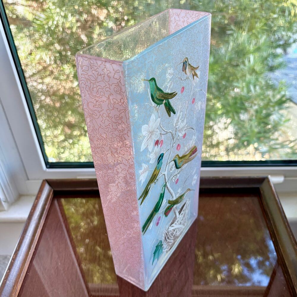 Fringe Studio Vintage Hummingbird Glass Vase Pink Blue Art Glass 12” - Picture 3 of 12